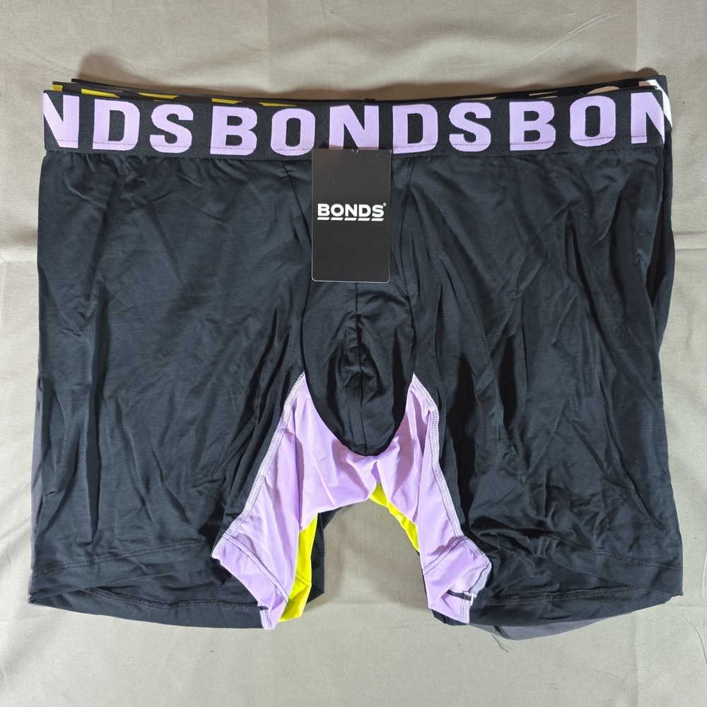 Bonds Underwear Anti-Chafing Boxer XXL 3 Pack Black & White/Purple Grey & Yellow